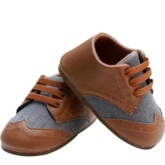 Brown Baby Leather Canvas Rubber Sole Shoe - Picture 1 of 15